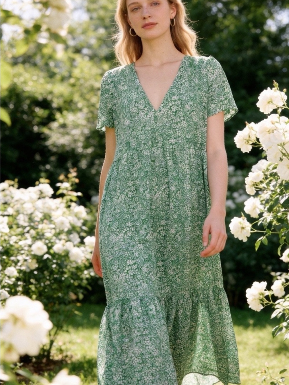 Zara Green Floral Maxi Dress V-neck Size S